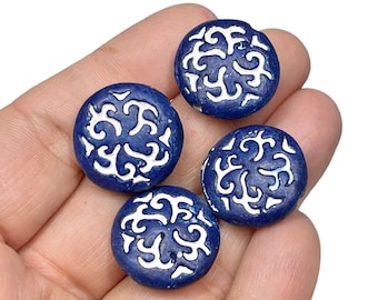 15pc Blue and White Carved Wood Focal Beads, Puffed Round, 22mm x 8mm Flat Round Beads