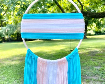 Transgender Pride Flag Macrame, Pink and Blue Yarn Wall Décor, LGBTQ+ Hoop Wall Hanging, Holiday Gift Mothers Day