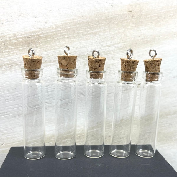 Set of 5 Tall Glass Vial Pendants with Cork, 1.75 Inch Tall Clear Glass Bottles with Cork, Holiday Gift Mothers Day