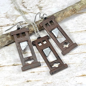Guillotine Charm Necklace or Earrings. Brown Guillotine Pendants, Hand-painted,