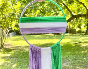 Genderqueer Pride Flag Macrame Wall Hanging, LGBTQ+ Pride Yarn Hoop Decor, Holiday Gift Mothers Day