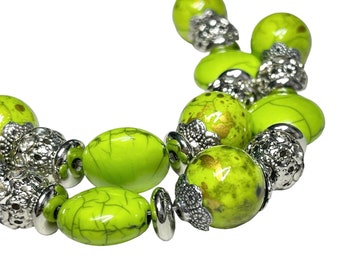 7" Strand Bright Green and Silver Large Chunky Focal Beads, Unique Acrylic Mixed Bead Strand