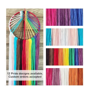 Progress Pride Flag Macramé Wall Hanging with Heart, LGBTQ+ Wall Décor, Yarn Macramé Hoop Room Décor, Pride Month Gift,