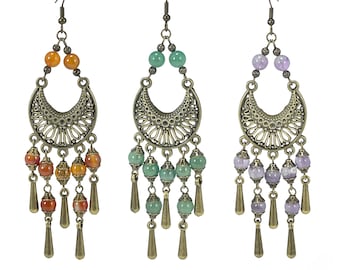 Long Bronze Chandelier Earrings, Amethyst, Aventurine, or Carnelian Earrings,, Holiday Gift Mothers Day