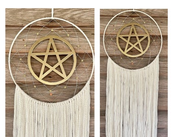 Gold Pentacle Dreamcatcher, Pentagram Macramé Wall hanging, Wiccan Home Decor, Holiday Gift Mothers Day