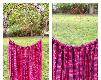 Bright Pink and Purple Dreamcatcher, Boho Macramé Art, Red, Pink, and Purple Yarn Wall Hanging, Holiday Gift Mothers Day