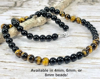 Tiger's Eye and Obsidian Necklace, 4mm, 6mm or 8mm Brown and Black Beaded Necklace, Holiday Gift Mothers Day