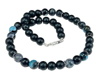 Agate and Obsidian Beaded Necklace, Black, and Blue 10mm Gemstone Necklace, Chunky Crystal Jewelry, Holiday Gift Mothers Day