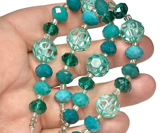 7" Strand Green and Teal Large Chunky Focal Beads, Green and Clear Mixed Bead Strand