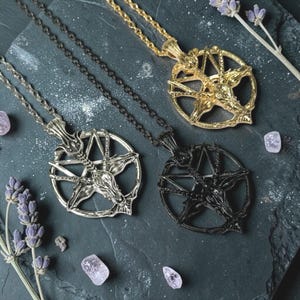 Baphomet Inverted Pentagram Pendant, Black, Gold, or Silver, Horned God Pendant Necklace, Devil Necklace, ,