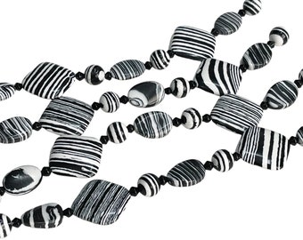 7" Strand Black and White Striped Large Chunky Focal Beads, Mixed Focal Bead Strand