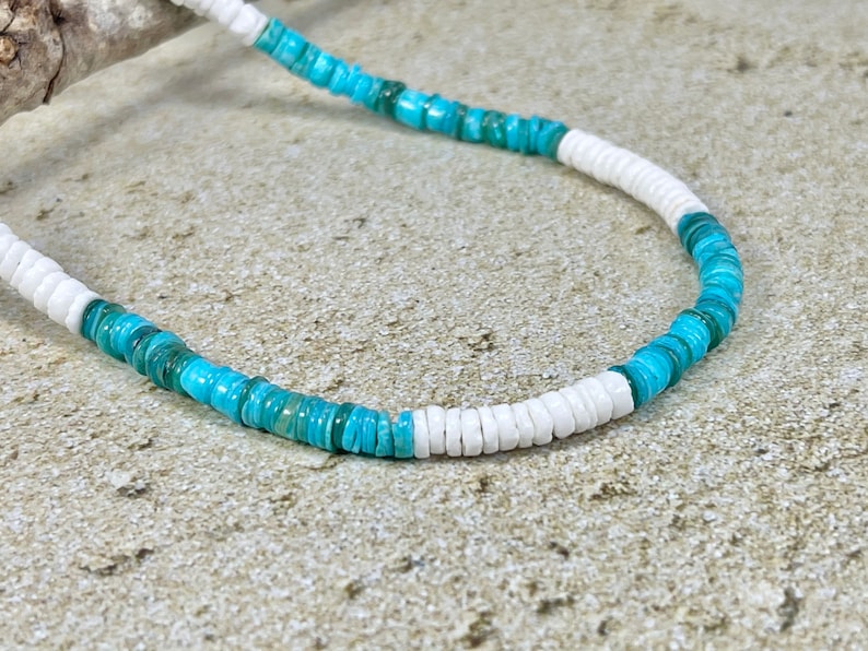 White and Blue Heishi Shell Necklace with Sterling Silver or Silver Plated Lobster Clasps, Custom Length, Holiday Gift Mothers Day image 2