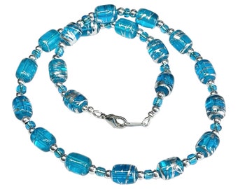 Blue and Silver Beaded Necklace, Two Color Lightweight Necklace, Silver Plated or Sterling Silver Clasp Mothers Day