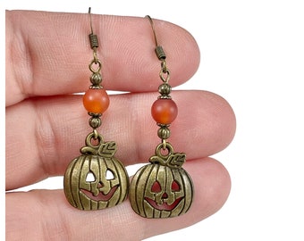 Bronze Jack O Lantern Charm Earrings, with Carnelian Beads, Halloween Jewelry, Holiday Gift Mothers Day