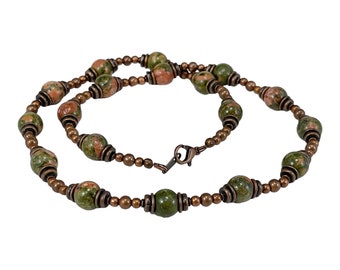 Green Unakite And Copper Necklace, 8mm Chunky Jewelry, Earth Tone, Holiday Gift Mothers Day