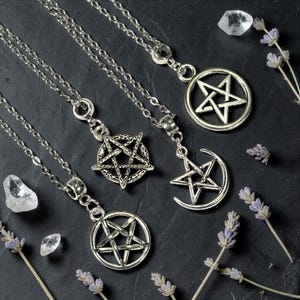 Silver Pentacle Charm Necklace, Custom Length Chain, Wiccan Jewelry