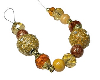 7" Strand Orange, Yellow, And Gold Large Chunky Focal Beads, Mixed Bead Strand, Embellished Beads