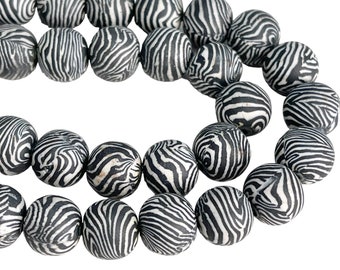 7" Strand Black and White Striped 10mm Round Beads, Zebra Print Animal Stripes Bead Strand