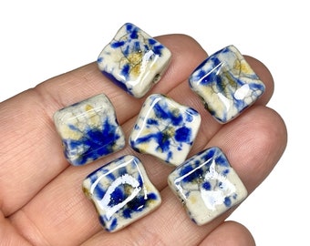 10pc Beige and Blue Square Ceramic Beads, 14-15mm Flat Square Large Beads, Jewelry Making Supplies