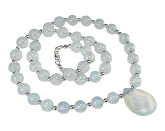 Custom Opal and Moonstone Beaded Necklace, White and Clear Gemstone Jewelry with Pendant, Holiday Gift Mothers Day