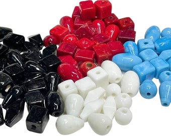 10 Piece Ceramic Beads, Red Blue Black or White Multi Shaped Beads Mothers Day