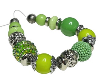 7" Strand Bright Green and Silver Large Chunky Focal Beads, Unique Acrylic Mixed Bead Strand