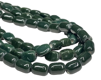 24pcs Dark Green Porcelain Beads, Earth Tone Barrel or Rectangular Beads, Jewelry Supply