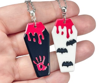 Bloody Coffin Pendant Necklaces, Acrylic Lightweight Coffin Charms, Black with Handprint or White with Bats Necklace, Holiday Gift