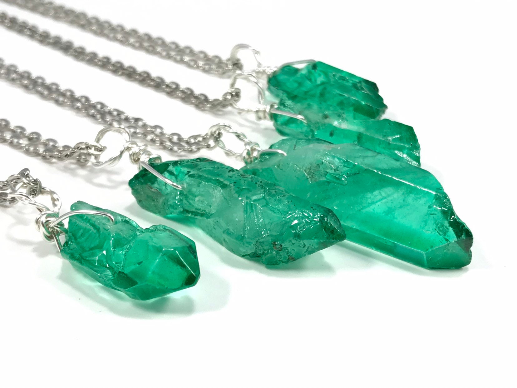 Dark Green Quartz Necklace Dyed Raw Crystal Pendant 1