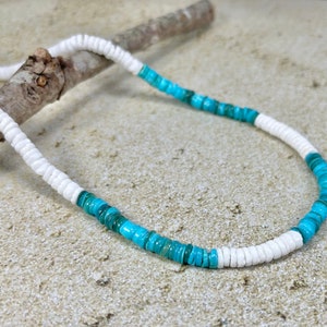 White and Blue Heishi Shell Necklace with Sterling Silver or Silver Plated Lobster Clasps, Custom Length, Holiday Gift Mothers Day image 1