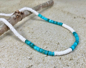 White and Blue Heishi Shell Necklace with Sterling Silver or Silver Plated Lobster Clasps, Custom Length, Holiday Gift Mothers Day