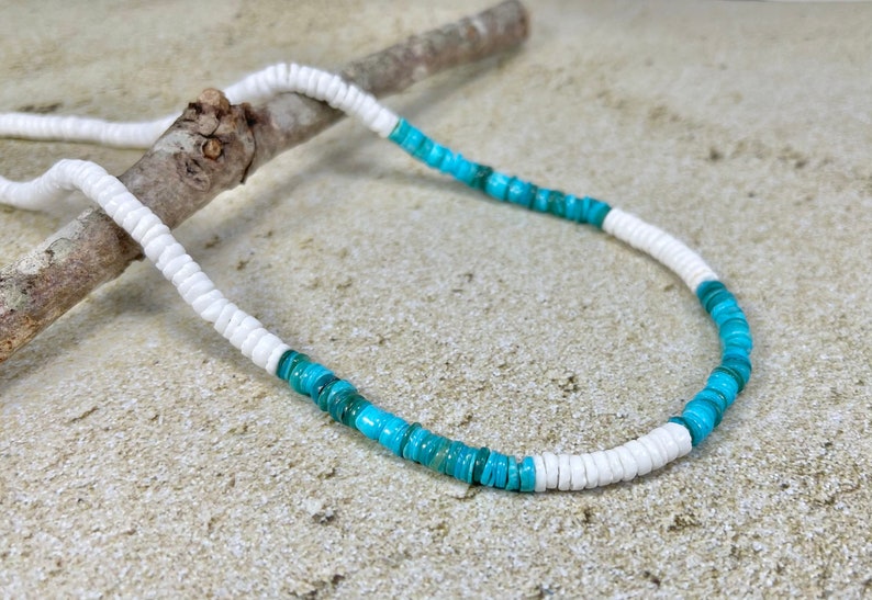 White and Blue Heishi Shell Necklace with Sterling Silver or Silver Plated Lobster Clasps, Custom Length, Holiday Gift Mothers Day image 1