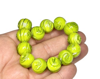 13pcs Large Green Flower Beads, Bright Green Swirl Chunky Focal Beads, Unique Glass Bead Strand