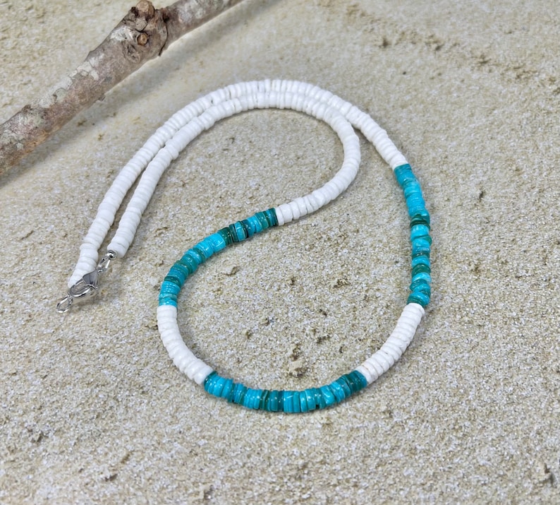 White and Blue Heishi Shell Necklace with Sterling Silver or Silver Plated Lobster Clasps, Custom Length, Holiday Gift Mothers Day image 6