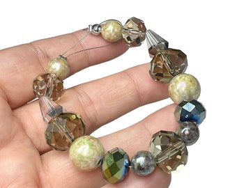 7" Strand Beige, Gray, and Silver Large Chunky Focal Beads, Mixed Bead Strand, Glass and Acrylic Beads