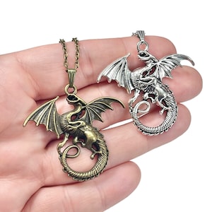 Silver or Bronze Large Flying Dragon Pendant: Fantasy Necklace, Wizard Charms, Sterling or Steel Chain Options