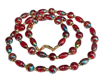 Red and Gold Beaded Necklace, Multi Tone Bead Jewelry, Lightweight Acrylic Mothers Day