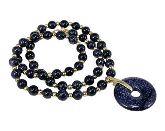 Blue Sandstone and Gold Beaded Necklace With Donut Pendant, Glitter Stone, Gemstone Jewelry, Holiday Gift Mothers Day