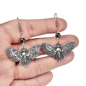 Large Death Head Moth Earrings with Hematite Beads, Silver Plated Hawkmoth Jewelry with Sterling Silver, or Stainless Steel Ear Wires