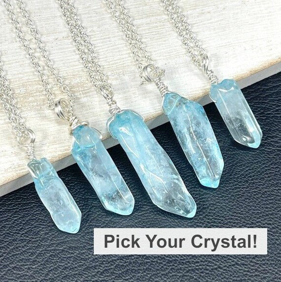 Light Blue Crystal Point Pendant Blue Rough Quartz Necklace Dyed