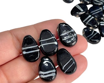 13pc Black Ceramic Teardrop with White Stripe Beads, Top Drilled Flat Teardrop, Handmade Beads, Jewelry Making Supplies