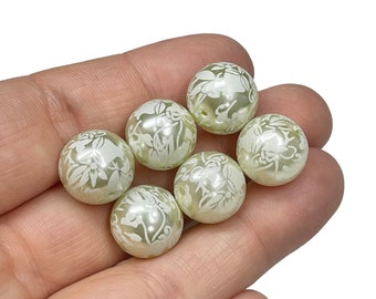 10pc Glass Pearl Floral Etched Beads, 14mm White Flower Beads, Center Drilled Round Beads, Jewelry Making Supplies