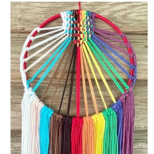 LGBTQ Pride Flag Yarn Macramé Wall Hanging with Heart, 10-inch Hoop