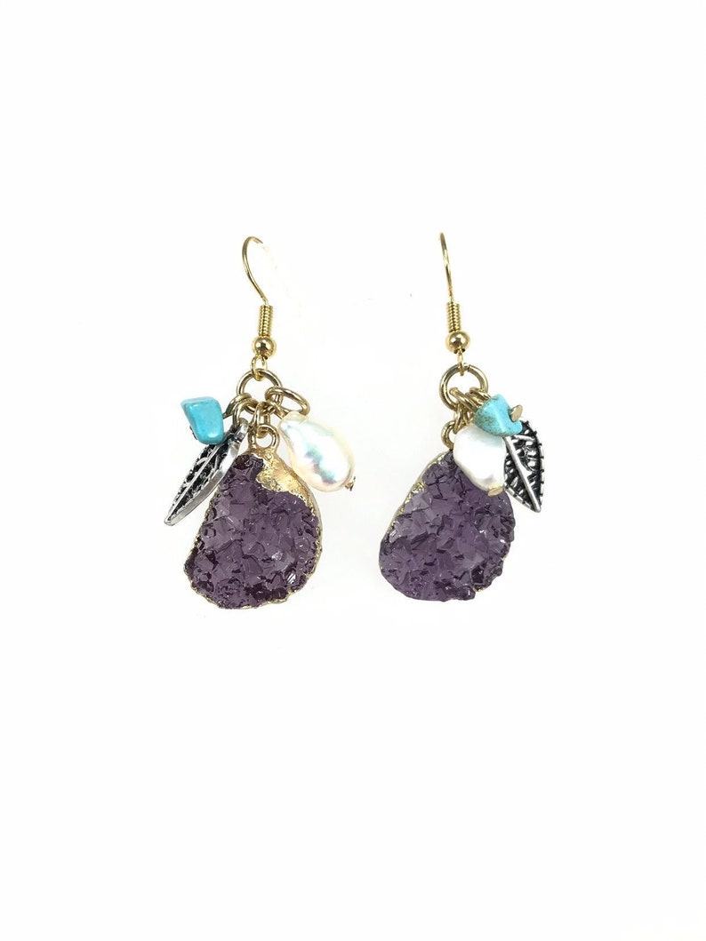 Purple Amethyst Earrings with 18k Gold Hooks Amethyst Cluster Earrings