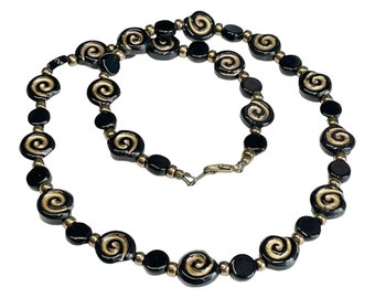 Black and Bronze Swirl Beaded Necklace, Gothic Miyuki Bead Lightweight Necklace with Bronze Clasp Mothers Day