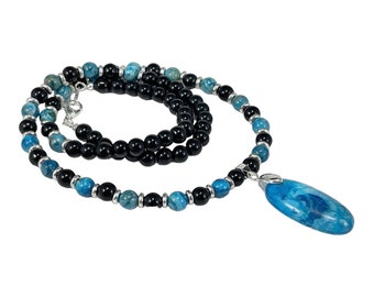 Jasper & Obsidian Beaded Necklace With Pendant, Black and Blue Multicolor Gemstone Jewelry, Holiday Gift Mothers Day