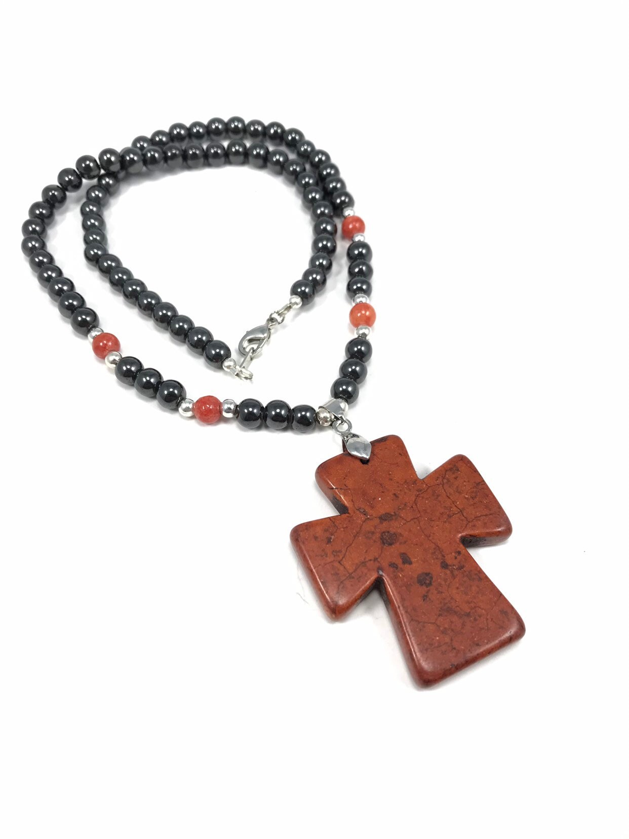 Beaded Hematite Necklace With Red Howlite Cross Pendant