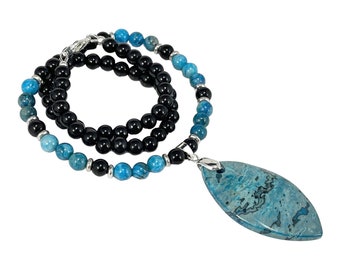 Jasper & Obsidian Beaded Necklace With Pendant, Black and Blue Multicolor Gemstone Jewelry, Holiday Gift Mothers Day