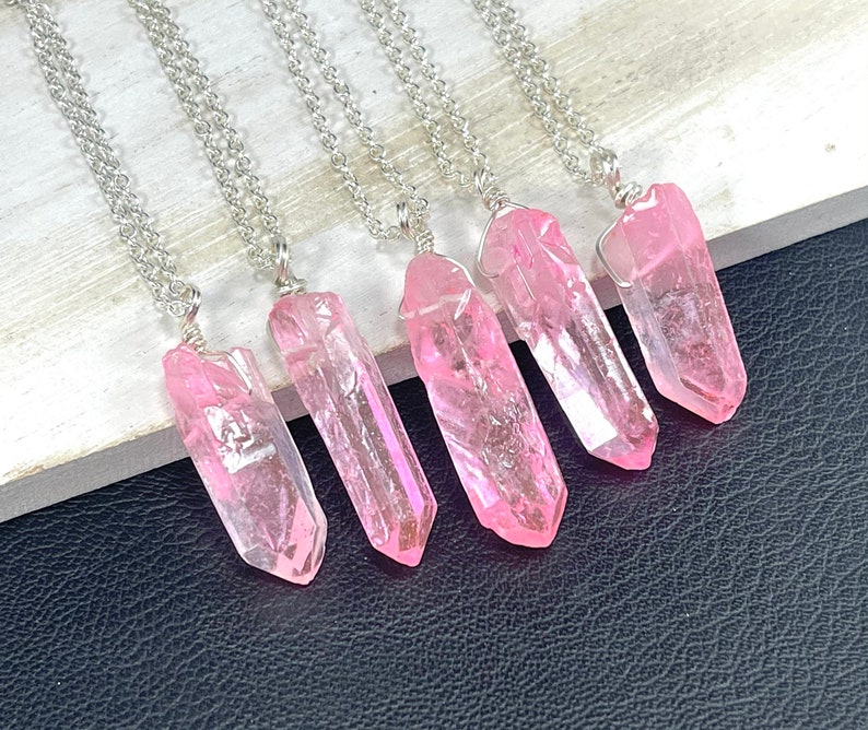 Bright Pink Quartz Necklace Pink Raw Quartz Pendant Mother/'s Day Gift