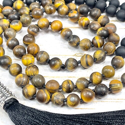 108 Mala Hand Knotted Obsidian and Tiger's Eye Necklace with Tassel, Black and 2024 Brown Meditation Beads